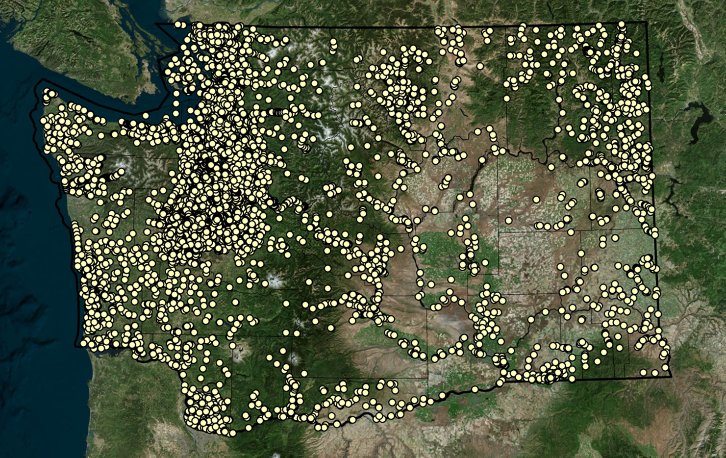 Map showing thousands of dots over the state of Washington